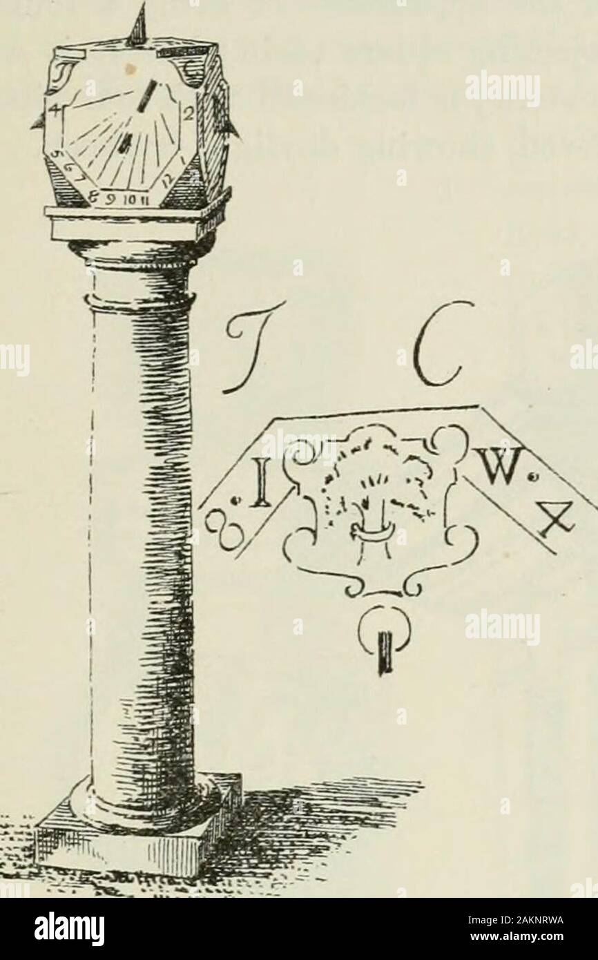Die kronenmutter und inländischen Architektur von Schottland, vom zwölften bis zum achtzehnten Jahrhundert. Abb. 1652.-Tempel. FiQ. 1651.- Schloss Park. Eine Sonnenuhr, die auf Schloss Park steht im Tor von TempleChurchyard, Midlothian, und wird von der Abb. gezeigt. 1652, eine Reproduktion von einer Skizze freundlicherweise zur Verfügung gestellt von Miss Dundas von arniston. Er misst 8^ Zoll Platz, und es ist vom 1638. Sonnenuhren - 477 - Sonnenuhren, Prestonjmns Haddingtonshire. - Diese wählen (Abb. 1653) liegt in amasons Hof im Dorf. Auf der Oberseite sind die Initialen T.C. und J.W., und ein Schild mit für Arme ein Baum.. Stockfoto