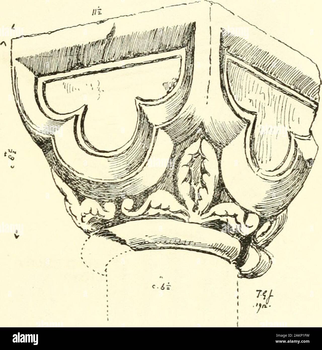 Der byzantinischen und romanischen Architektur. : Sto]n; CH. Xxviii] ENGLAND - NORMAN ZEITRAUM 247 eine Elfenbeinschnitzerei und die groteske Element Capitalsin der fabelwesen dargestellt, sie sind gut Chestermodeled. Ein weiteres Kapital (Abb. 145), die in die Wand in der gleichen Weise mit dem geschnitzten Teil nach innen, showsa Verfeinerung des Kissens Hauptstadt gebaut wurde, die Seiten. Abb. 145. In einem Kleeblatt, von denen die Flugzeuge geschickt verwaltet werden. Abb. 146 zeigt einen sehr ähnlichen Kapital aus Ernulf andConrads Krypta in Canterbury. Diese zwei Hauptstädte an der Winchester auf allfour Seite geschnitzt, Stockfoto