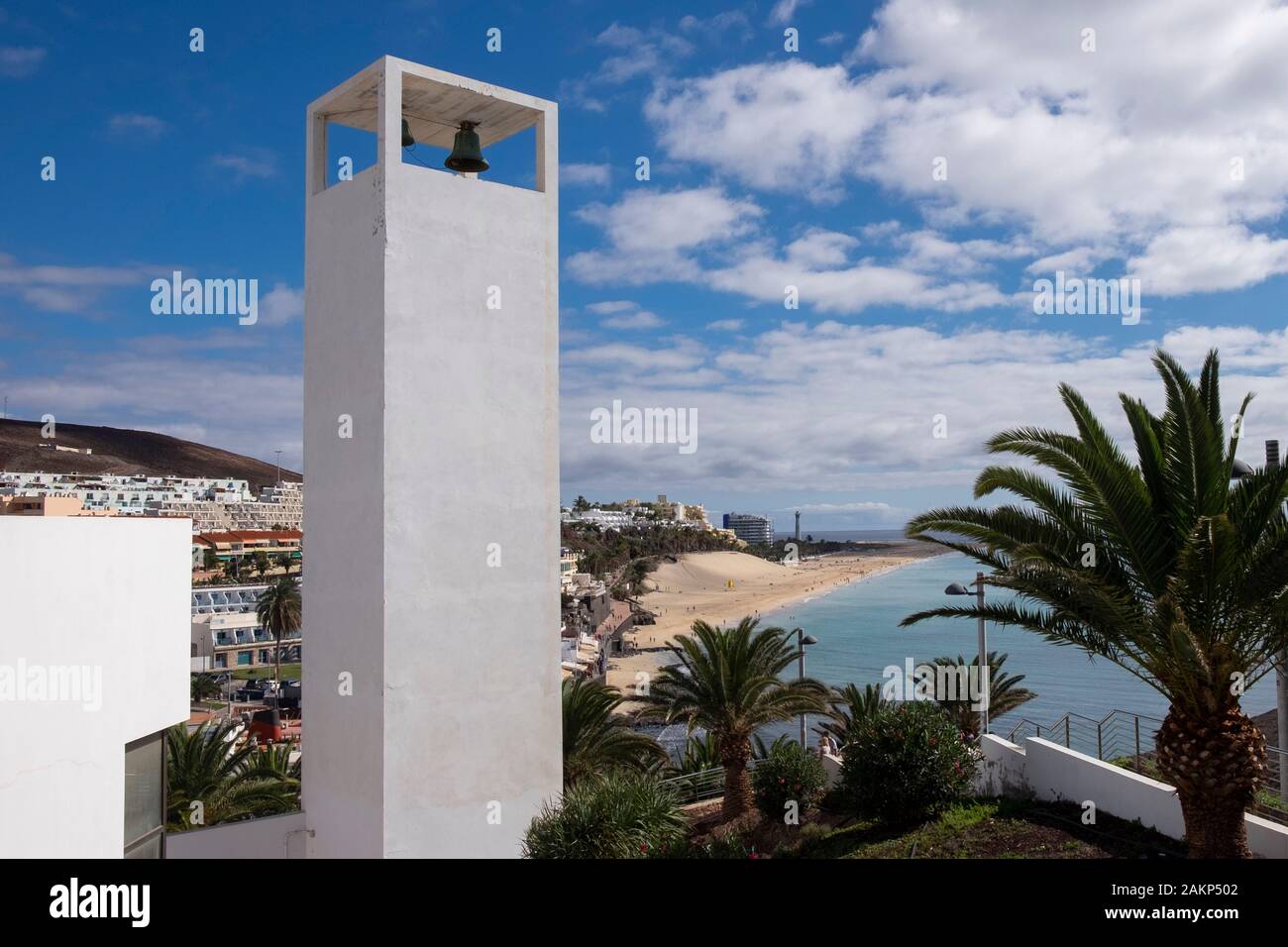 Moderne Glockenturm der Kirche der Madonna von Karmel in Morro Jable, Jandia Halbinsel, Fuerteventura, Kanarische Inseln, Spanien, Europa Stockfoto