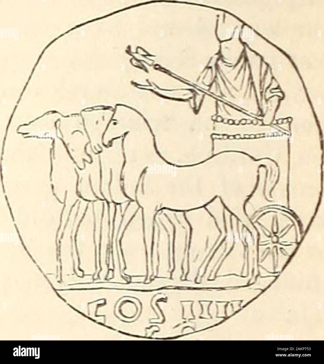 Ein Wörterbuch der Griechischen und Römischen Antiquitäten. . Eine besondere Form (Zonar. vii. 21) von fourhorses, die waren manchmal gezeichnet, obwohl selten, weiß. (Plut. Camill. 7; Serv. I.C.; Dion Cass, Xliii. 14.) Die kreisförmige Form der Wagen wird in der Pre-Zedenten Ausschneiden, Kopieren aus dem Marmor war früher in der thepossession des Herzogs dAlcala in Sevilla (Mont-faucon, Ant. Exp. Vol. iv. pi.cv.), und auch in den folgenden Schnitt, der stellt die Umkehrung der aktionspakete Münzen der Antonine. Er bekleidet war Ina gold bestickte Robe {Toga picta) und floweredtunic (Tunica palmata), er trug in der rechten Hand alau Stockfoto