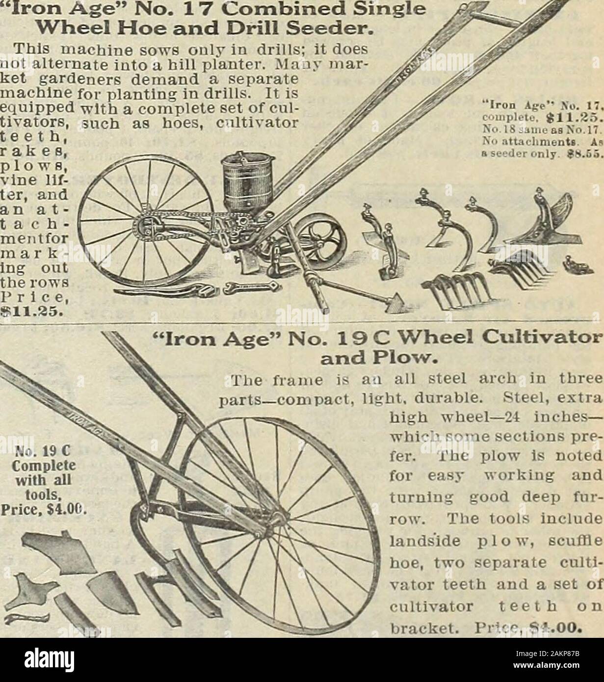Die Maule samen Buch: 1917. Eisenzeit Nr. 17 kombinierte Ein^ Vheel Hoe und Sämaschine Sämaschine. Diese Maschine Sauen nur in Übungen; Sie denmotor Alternative in einen Hügel Pflanzmaschine. Viele Mar- ket Gärtner fordern eine separatemachine für die Bepflanzung von Übungen. Es isequipped mit einem kompletten Satz von Cul-tivators, wie Hacken, cultivatorteeth,. Nr. 19 C Rad Cultivatorand Pflug ^. Frame ist eine alle Stahl arch in drei - Kompakt, Leicht, langlebig. Stahl, extrahigh Rad - 24 Zoll - die einige Abschnitte pre-fer. Der Pflug notedfor einfaches Arbeiten und Diedrehbewegung gute tiefe Pelz-Zeile. Die Werkzeuge includelandslde Pflug, seufHehoe, zwei separate c Stockfoto