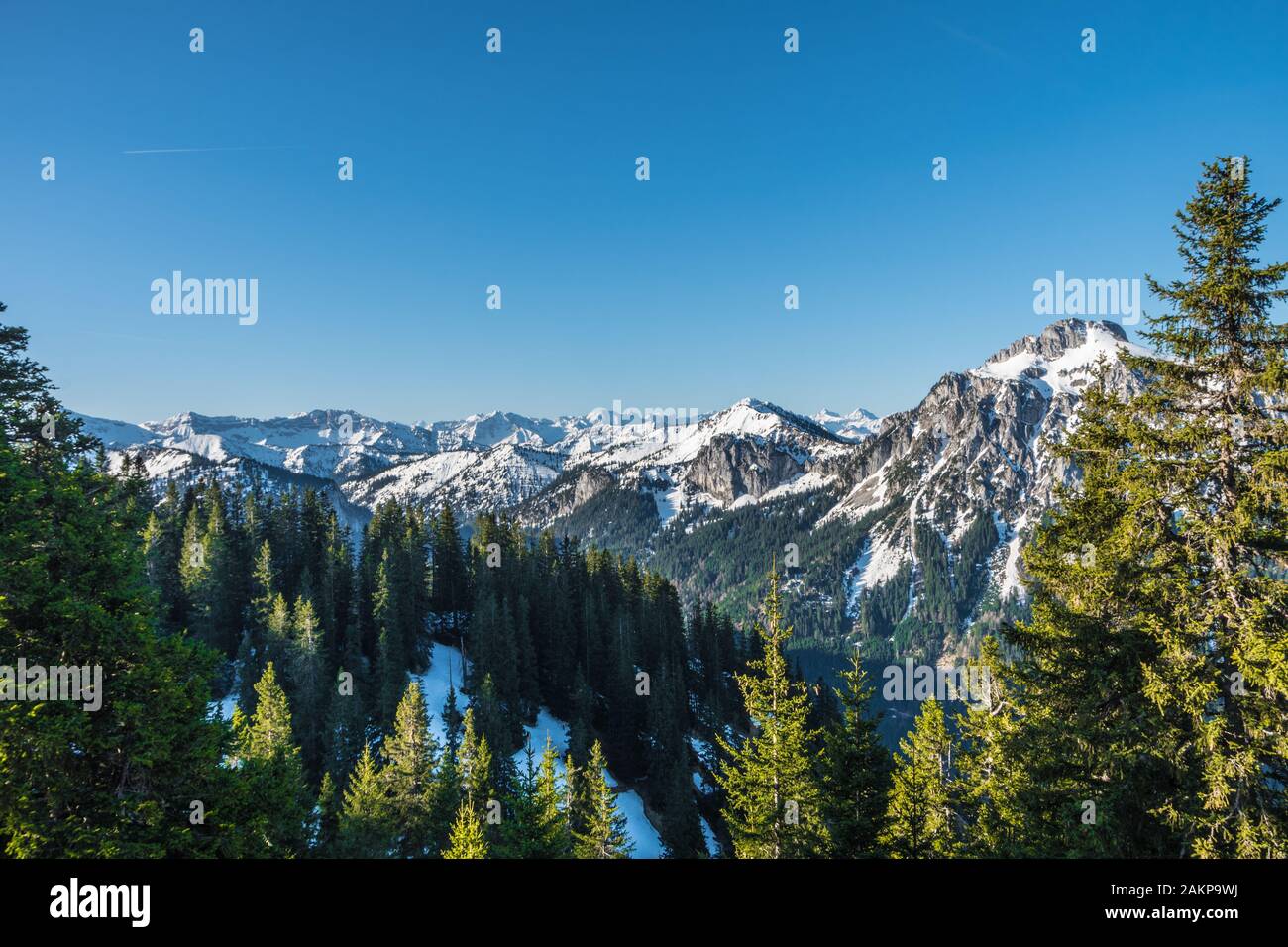 Schöner Blick auf die Berge mit Schnee und Bäumen Stockfoto