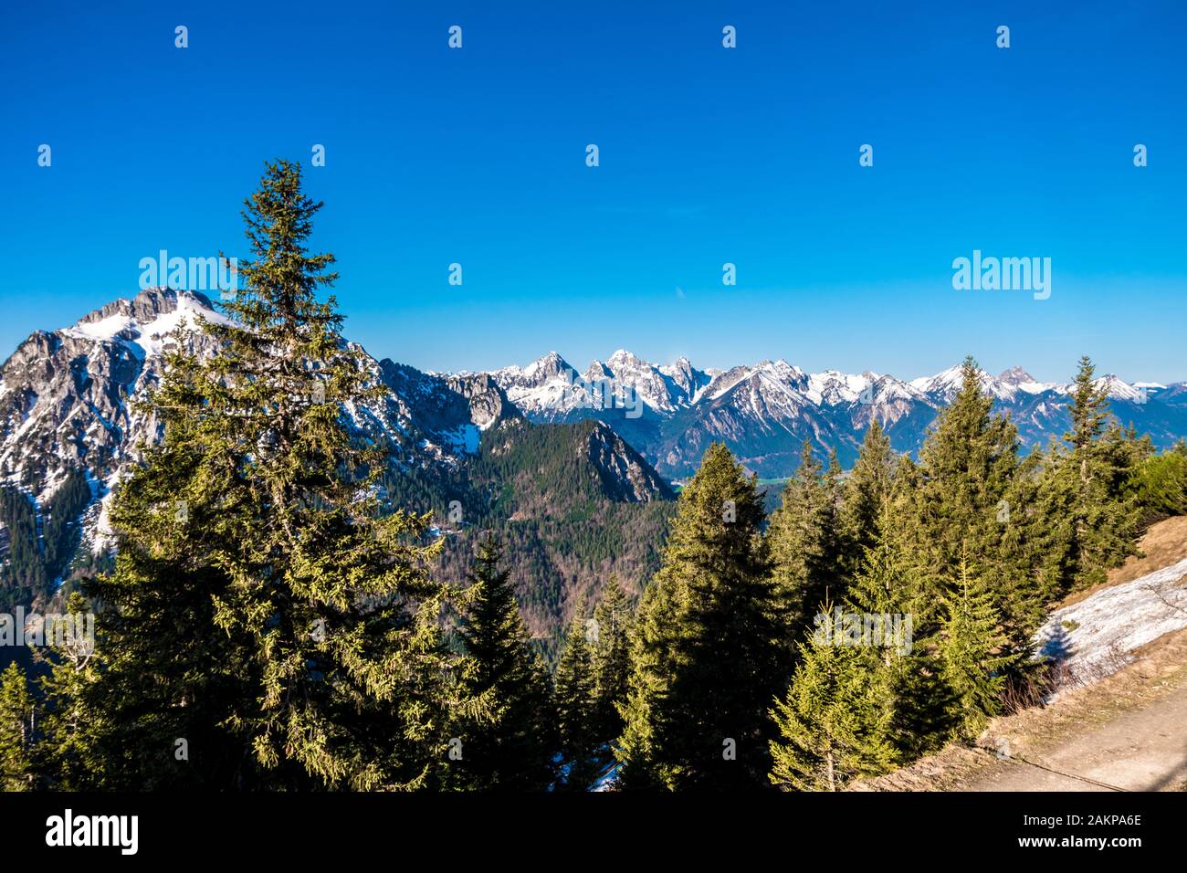 Schöner Blick auf die Berge mit Schnee und Bäumen Stockfoto