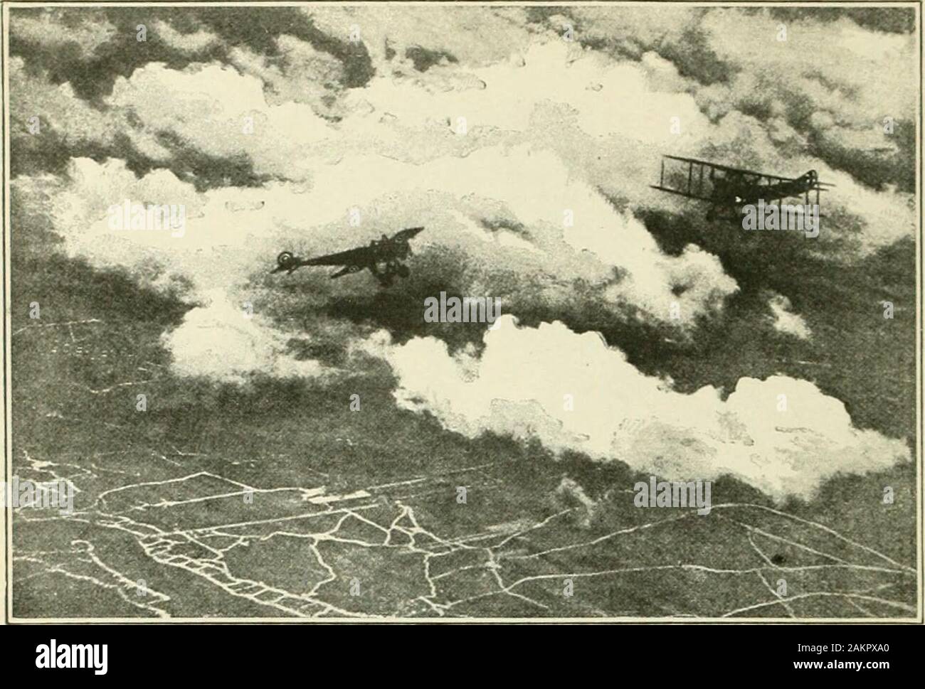 Popular Science Monthly. Hinter dem Schlachtfeld bei Nacht. Diese Mühle war der Verdacht eines Deutschen ofbeing observationpost. Ein oder zwei gut placedshells reduziert die dangerousstructure zu einem Haufen smolderingashes in kurzer Zeit den Krieg in den Wolken. Ein Kampf in der Luft. Eine alliierte Eindecker (links) auf die steigenden Deutschen biplaneamong den Wolken über der Front in Frankreich anzugreifen. Das Foto wurde Mitte genommen - airby ein drittes Flugzeug, und zeigt deutlich die Gräben, über den die Maschinen kämpfen Stockfoto