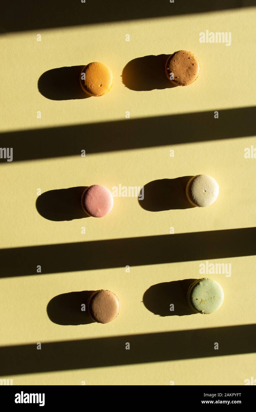 Zeitgenössische flache Laienkomposition Pastellmakaron auf hellem Yelow Backgraund mit dunklem Schatten. Draufsicht. Stockfoto