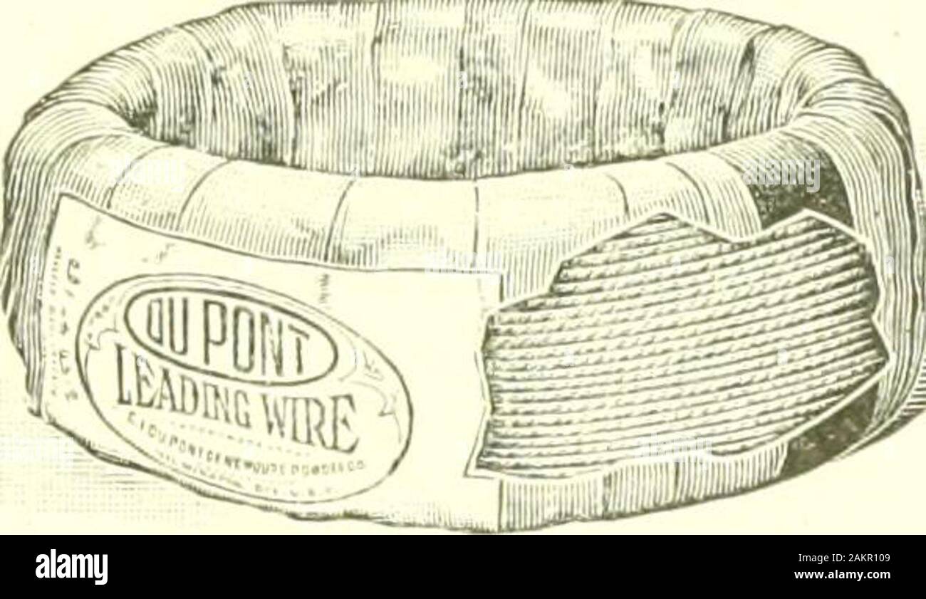 Du Pont Landwirt Handbuch; Anweisungen zur Verwendung von Dynamit für Clearing Land, Pflanzung und Pflege der Bäume, Entwässerung, notwasserung und tiefenlockerung. Reihenschaltung mit strahlmaschine. Der Bruch in der Drähte ist lediglich thatany erforderliche Länge des Kabels kann zwischen Auserwählten verwendet werden.-ic-Zünder und Strahlmaschine. Theremu-t keine Pause im eigentlichen Stromkreis sein. Führende Kabel in Spulen von 200 Fuß verkauft, 250 Fuß, 300 feetand 500 Fuß. Es gibt zwei Arten, Single und Duplex. In theDuplex Draht, die zwei Drähte miteinander verbunden, die usuallymakes es bequemer zu handhaben. Single Leadi Stockfoto