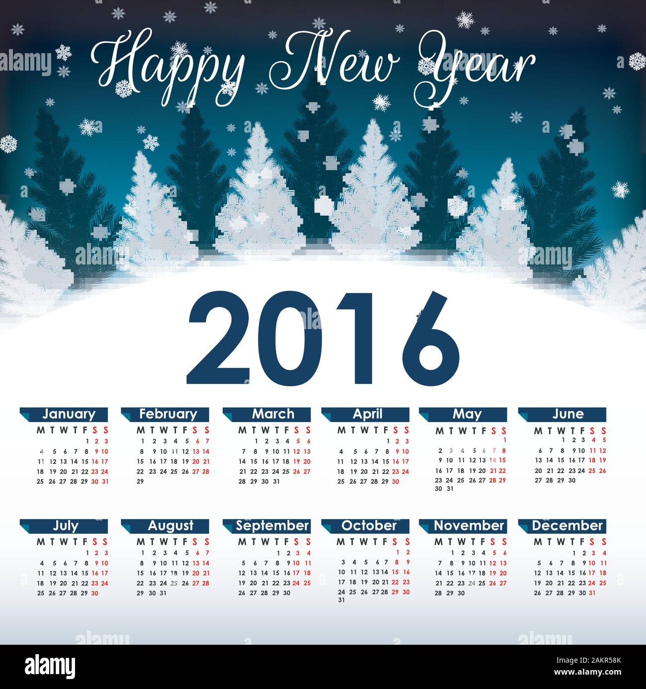 Kalender für das Jahr 2016. Weihnachtshintergrund Stock Vektor