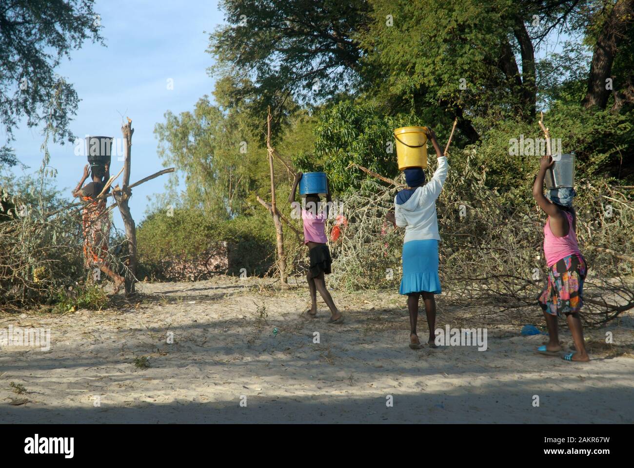Frauen sammeln Wasser in Eimern, Mwande, Sambia. Stockfoto