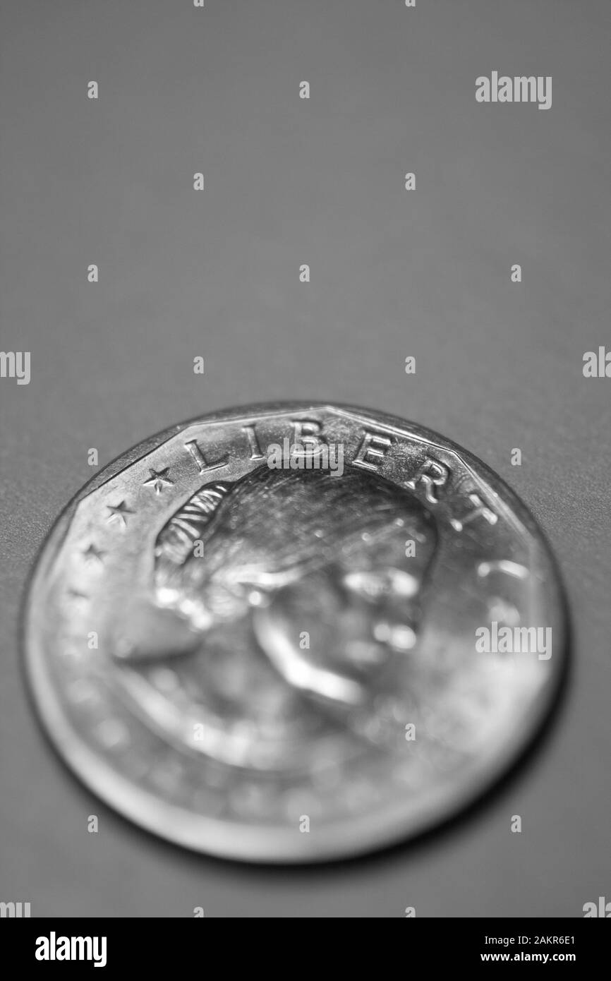 1980-S Susan B Anthony Dollar Münze mit selektiven Fokus. Stockfoto