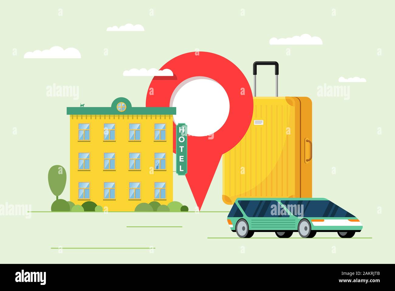 Hotel Buchung und Carsharing-Service für Urlaub Tourismus Konzept. Reise Wohnung und Transport Reservierung. Motelgebäude mit Gepäckkoffer und Ortsnadeldarstellung Stock Vektor