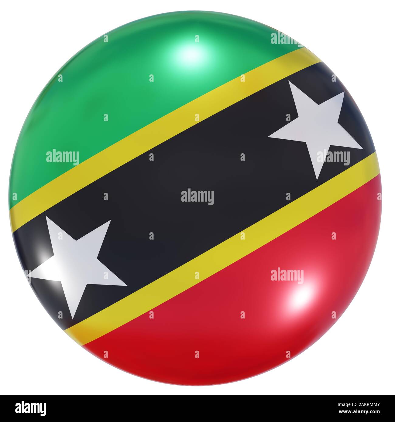3D-Rendering einer Nationalflaggen von Christopher und Nevis auf einem Kreissymbol, das auf weißem Hintergrund isoliert ist Stockfoto