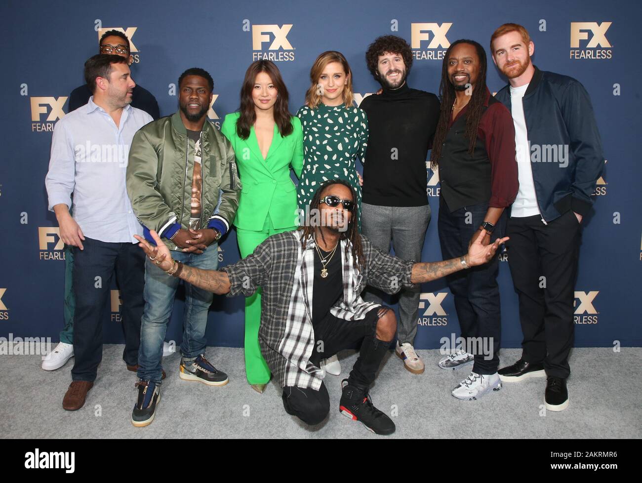 09. Januar 2020 - Pasadena, Kalifornien - Travis Bennett, Jeff Schaffer, Kevin Hart, Christine Hill, GaTa, Taylor Misiak, Dave Burd, Saladin K. Patterson, Andrew Santino. FX Networks Star Walk Winter Presse Tour 2020 auf ca. 55 Restaurant im Langham Huntington statt. (Bild: © Fs/AdMedia über ZUMA Draht) Stockfoto