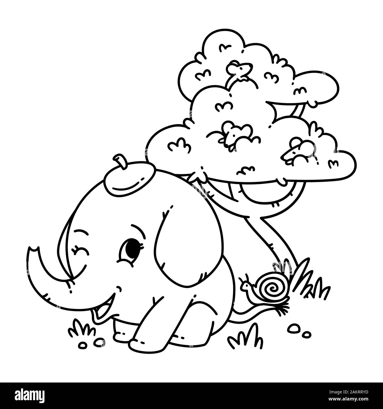 In einem Hut mit Schnecke auf den Schwanz und die Maus auf einem Baum Elefant. Cartoon Tiere Charakter Vector Illustration auf weißem Hintergrund. Für die Einfärbung von Seite Stock Vektor