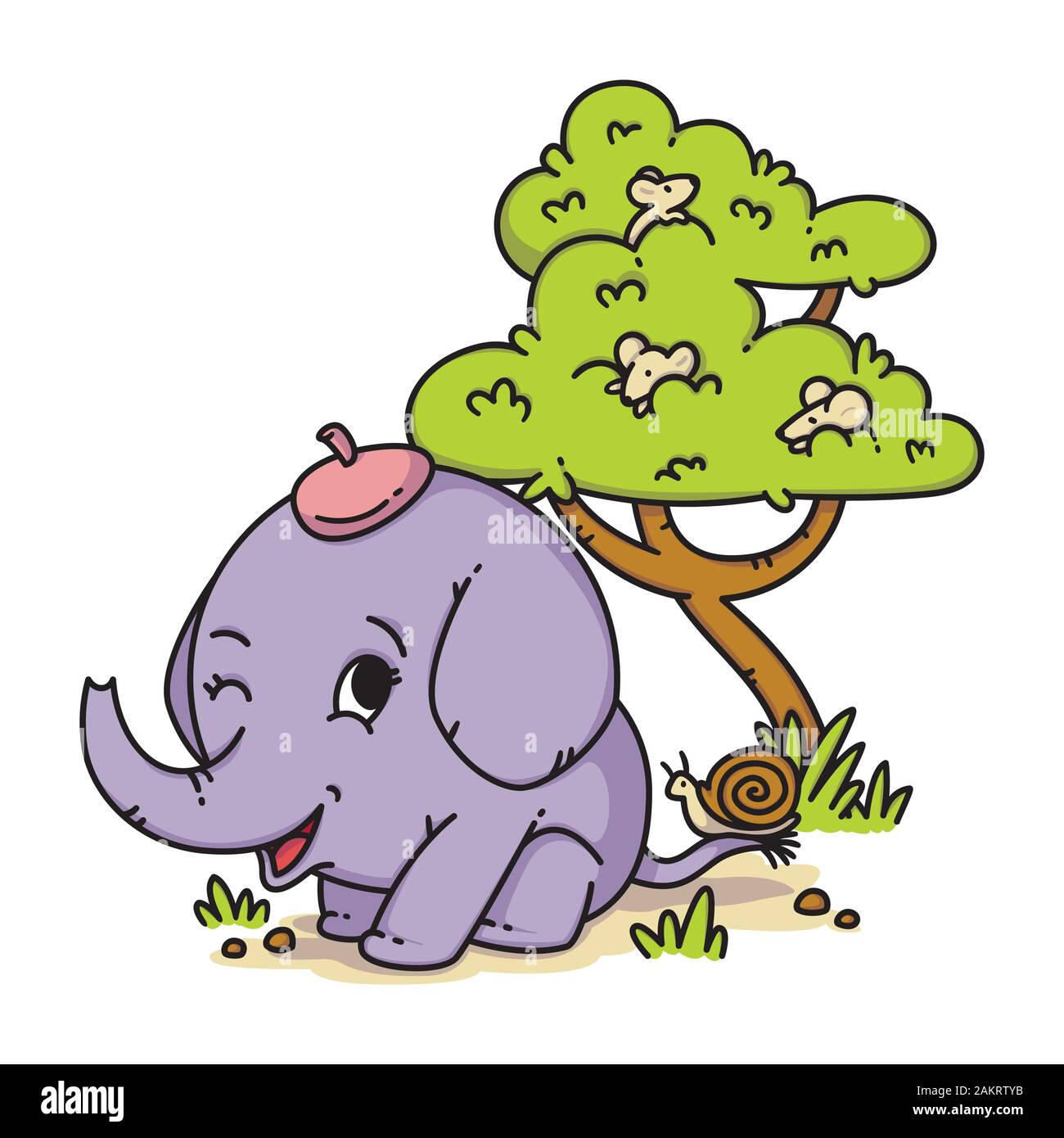 In einem Hut mit Schnecke auf den Schwanz und die Maus auf einem Baum Elefant. Cartoon Tiere Charakter Vector Illustration auf weißem Hintergrund. Stock Vektor