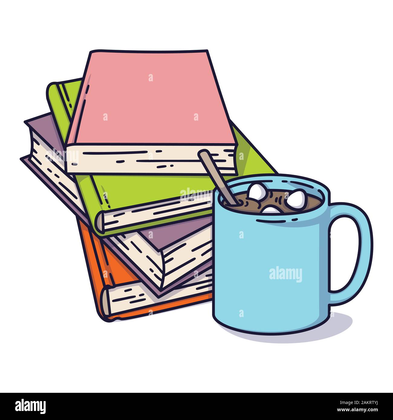 Buchen Sie Stapel und eine Tasse Kakao mit Marshmallows. Ich liebe Lesen Konzept für Bibliotheken, Buchhandlungen, Festivals, Messen und Schulen. Vector Illustration i Stock Vektor