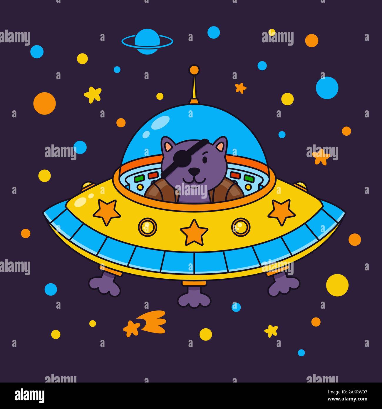 Alien Katze Pirat in einem Raumschiff in einem Star Galaxy. Cute Kosmonaut Katze im Weltraum. Vector Illustration auf dem Thema Weltraum in kindlichen Stil. Stock Vektor