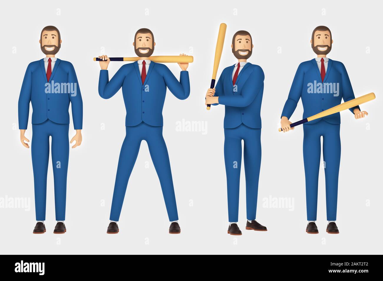 Junge Unternehmer mit einem Bart. Zeichentrickfigur, Geschäftsmann im Anzug mit vielen Posen. 3D-Rendering Stockfoto
