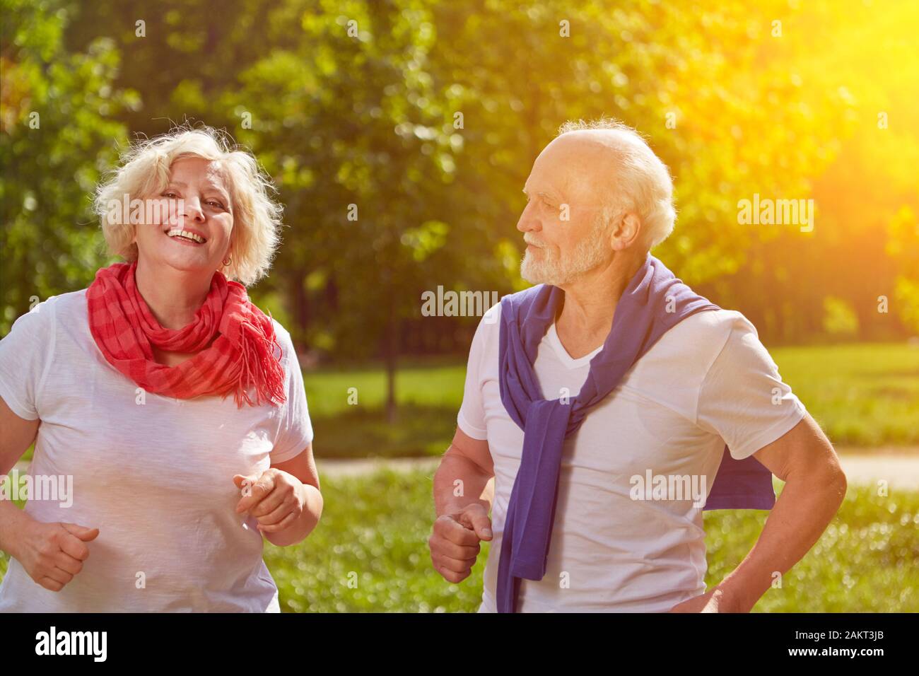 Glückliches Paar von Senioren im Park im Sommer läuft Stockfoto