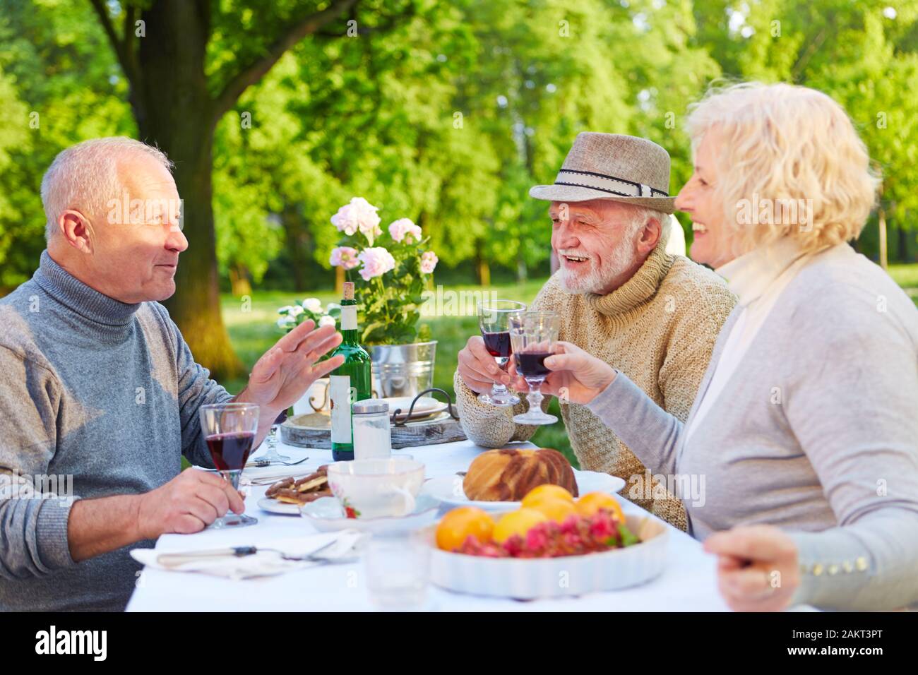 Alte Freunde sitzen beim Kaffee trinken mit Rotwein im Sommer im Garten Stockfoto