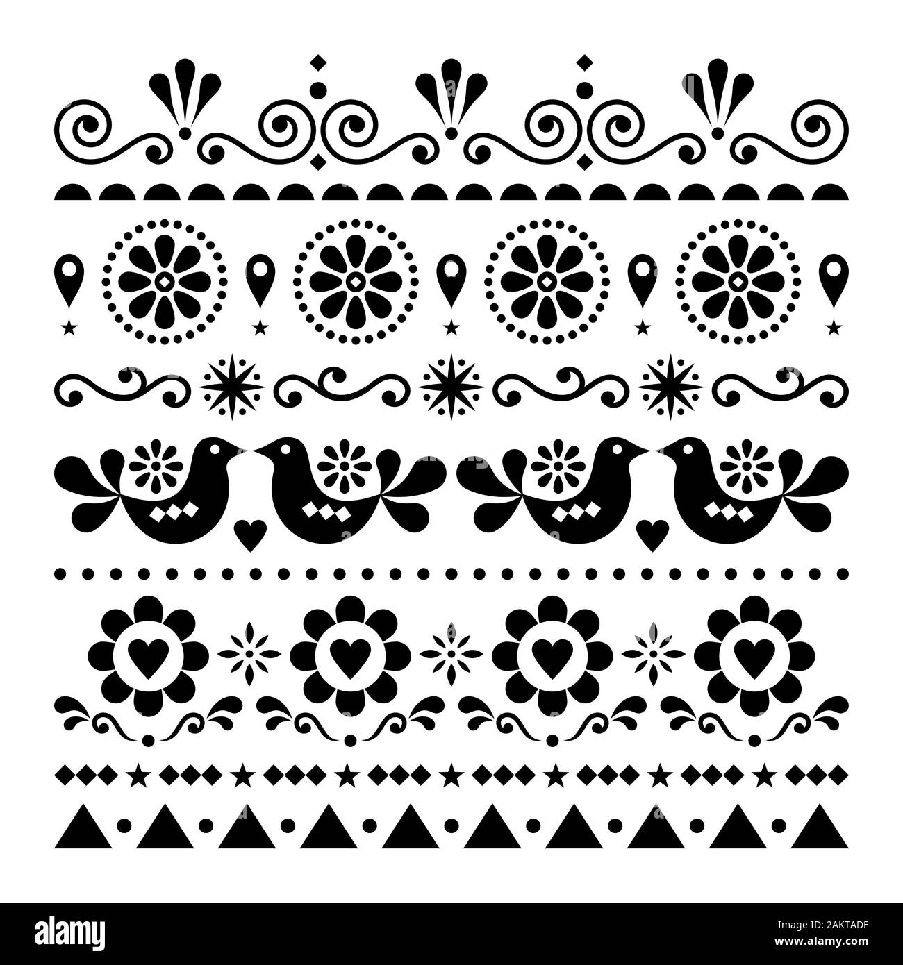 Volkskunst Liebe, Valentinstag vektor Grußkarte oder Hochzeit Einladung Muster, süßes Design mit Vögel und Blumen - im Skandinavischen Stil Stock Vektor