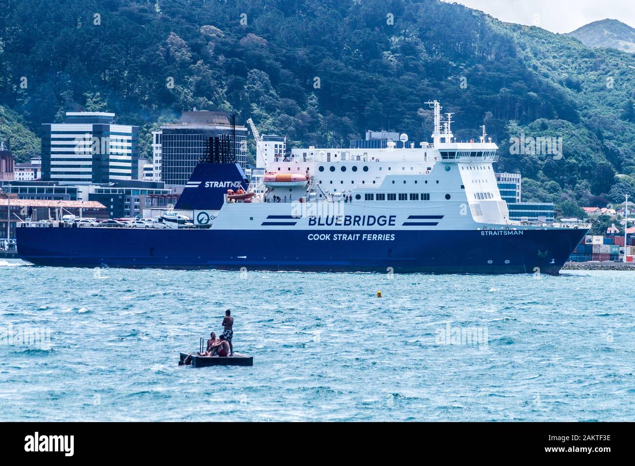 Der traitsman', Bluebridge Cook Strait Fähre nach South Island, dem Hafen von Wellington, Wellington, Neuseeland Stockfoto