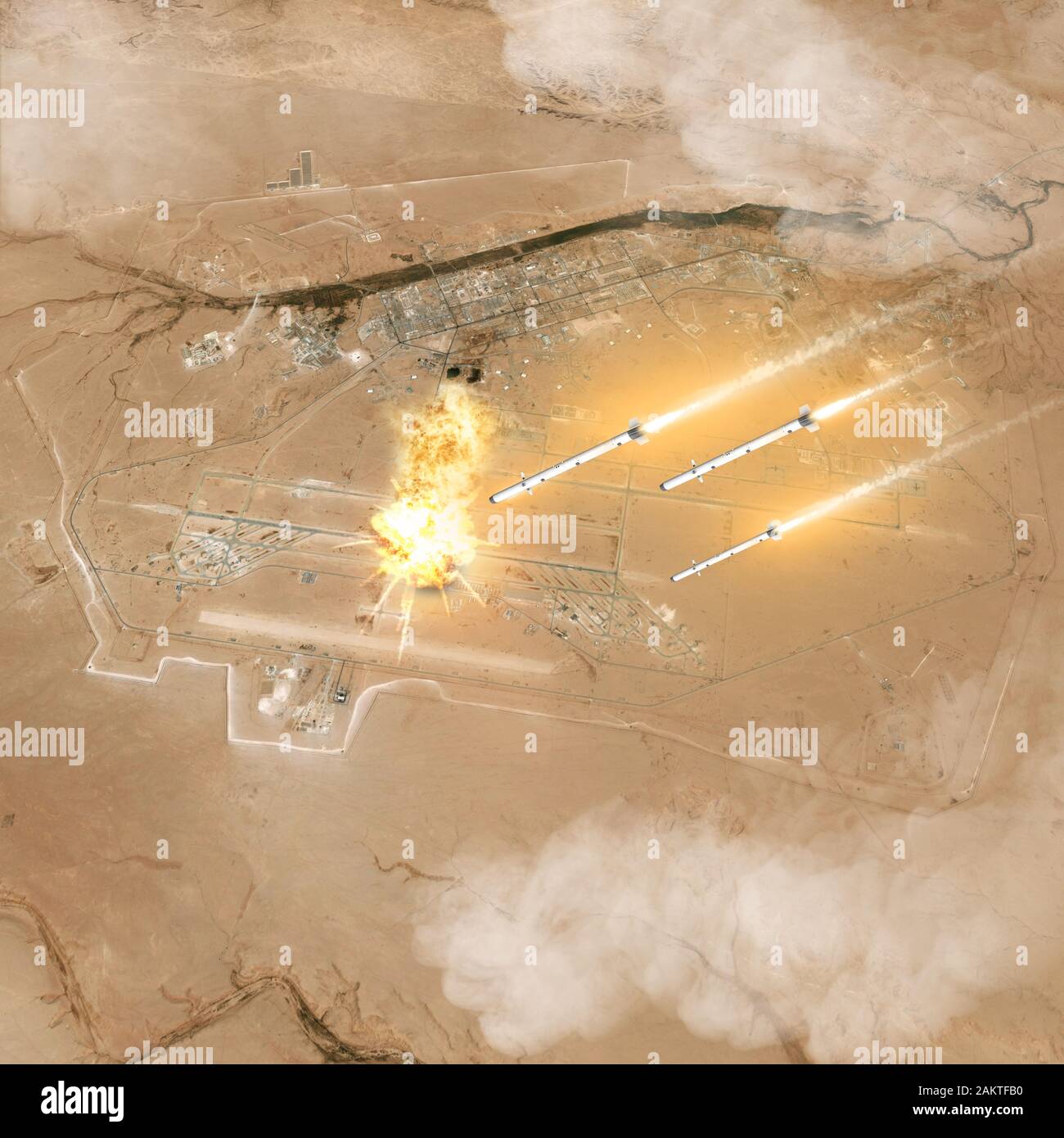 Raketenangriff, iranische Raid auf dem US-Stützpunkt im Irak. Ain Assad Air Base. 3D-Rendering Stockfoto