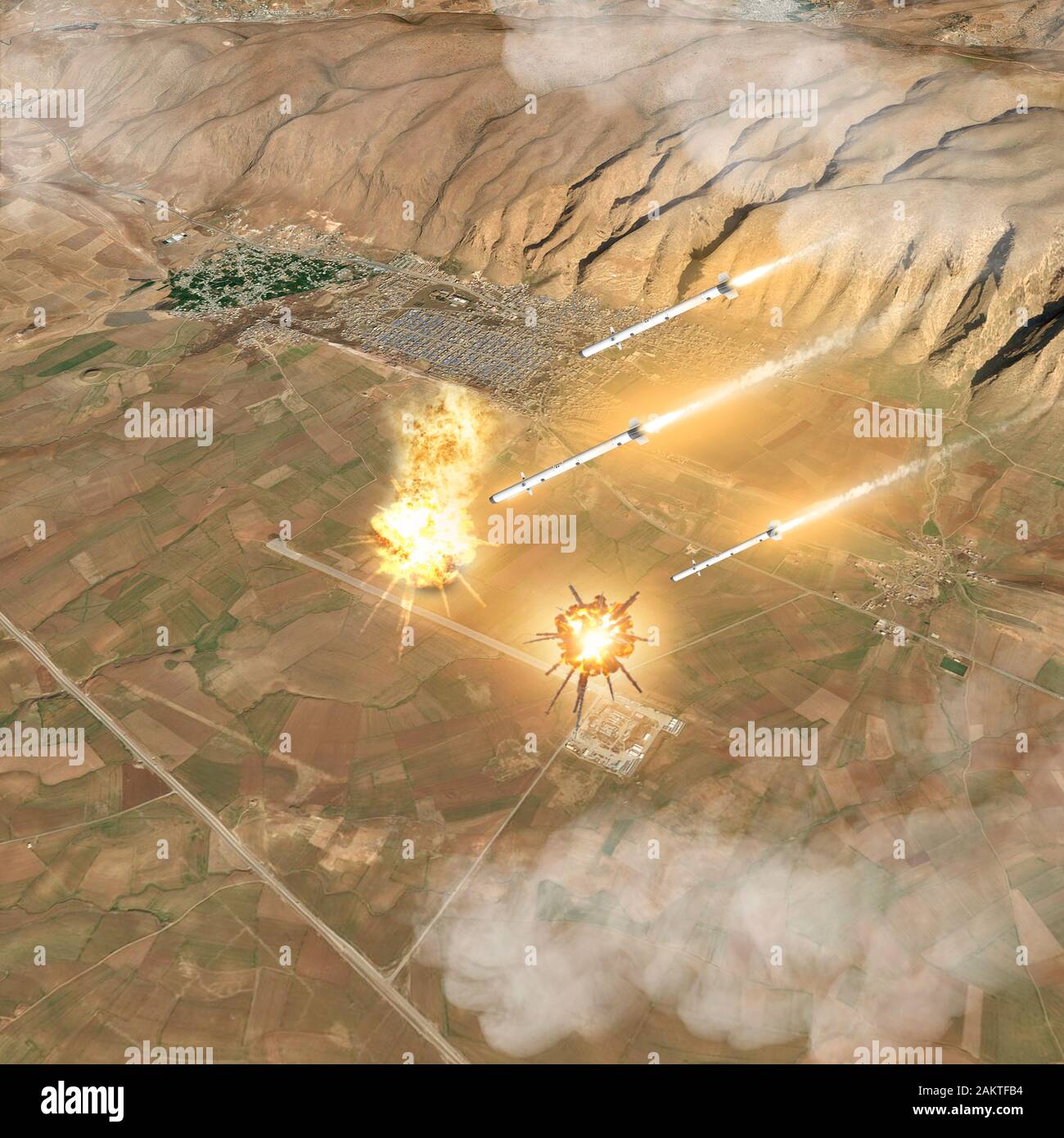 Raketenangriff, iranische Raid auf der Harir US-Stützpunkt im Irak. Erbil. 3D-Rendering Stockfoto