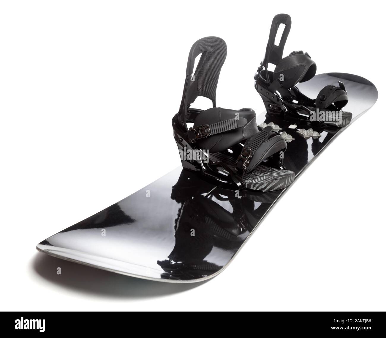 Schwarz Snowboard mit Bindung auf weißem Hintergrund Stockfoto