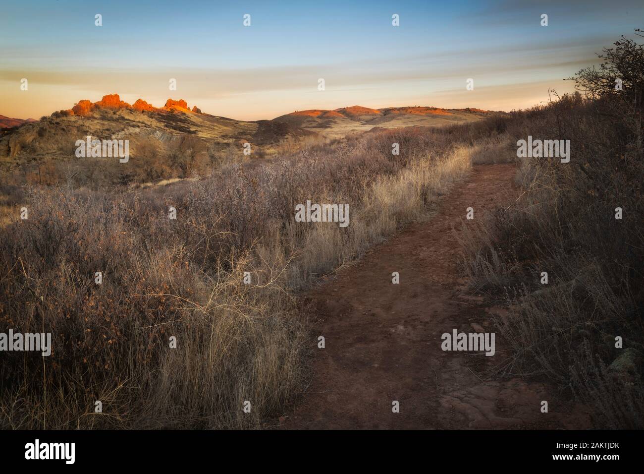 Golden Light trifft auf die Rückseiten der Devils Backbone, einem beliebten Wanderziel im Norden Colorados Stockfoto