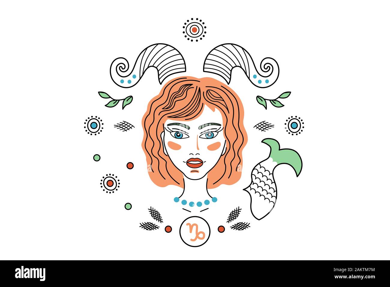 Abbildung: Sternzeichen Sternbilder Steinbock, Logo, Tattoo. Mädchen oder eine Frau mit Hörnern und einem Fish Tail, fantasy Ornament in Fairy Tail Stil. Stockfoto