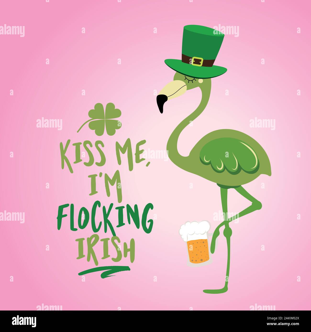 Küss mich Ich bin Beflockung Irish - lustige St. Patrik's Tag Schriftzug Design mit Grün flamingo auf rosa Hintergrund. Gut für Plakate, Flyer, T-Shirts, Karten Stock Vektor