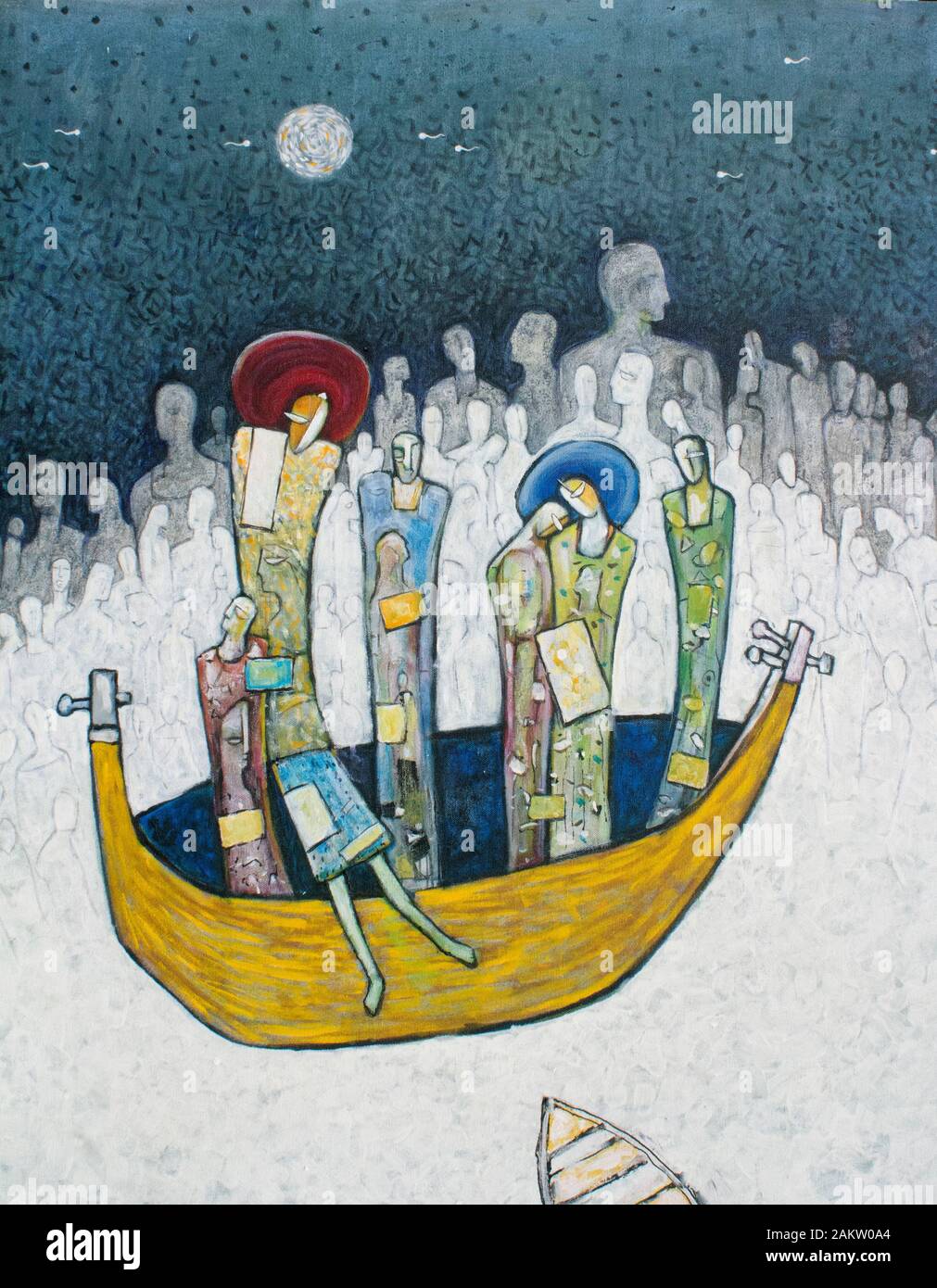 Surrealistische Malerei auf Leinwand. Abstrakte Menschen schweben im Boot im Meer menschlicher Seelen Stockfoto