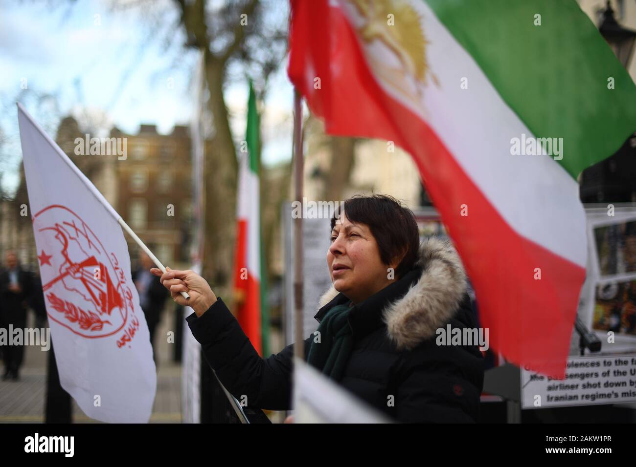 Teilnehmer einer Mahnwache von Der anglo-iranian Gemeinschaften in Großbritannien abgehalten und Förderer des Nationalen Widerstandsrates Irans (NWRI) in Whitehall, London, für die Fahrgäste der Ukraine International Airlines Flug, der nur wenige Minuten nach dem Start von Imam Khomeini International Airport in Teheran am Mittwoch, den Tod von 176 Menschen abgestürzt. Stockfoto