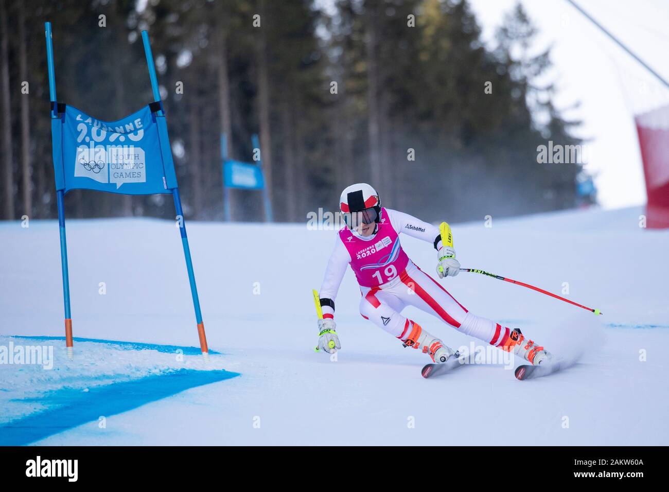Alpine Skifahrer, Teresa Fritzenwallner, AUT, konkurriert in der Lausanne Frauen 2020 Super G Skifahren in Les Diablerets Alpine Center in der Schweiz Stockfoto