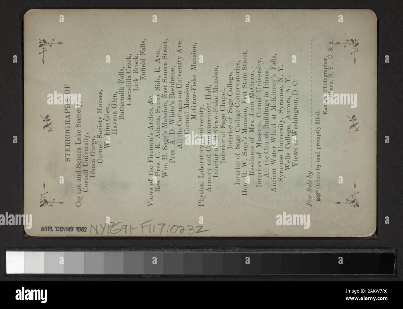 Aufenthalt von F P Randolph, (adr Sears und Cascadilla Avenue,) Ithaca, NY Robert Dennis Sammlung von stereoskopische Ansichten. Blick auf Ithaka und Umgebung, einschließlich Willow Pond, Cascadilla; Innenansicht, Ostern, St. John's Church; felsige Schlucht fallen, Ithaca; Bibliothek Halle für Kappa Alpha Rezeption eingerichtet; Wilgus Opera House in Pres Garfield's Tod drapiert, Cornell University, Wohnungen, einschließlich der Mc Graw-Fiske Herrenhaus von W. H. Miller zeigt Artefakte aus Europa und Asien im Innenbereich konzipiert; Wohnungen von J. T. Graf, F. S. Randolph, Hon. H.W. Salbei (auch durch Miller) ausgelegt, und Ch Stockfoto