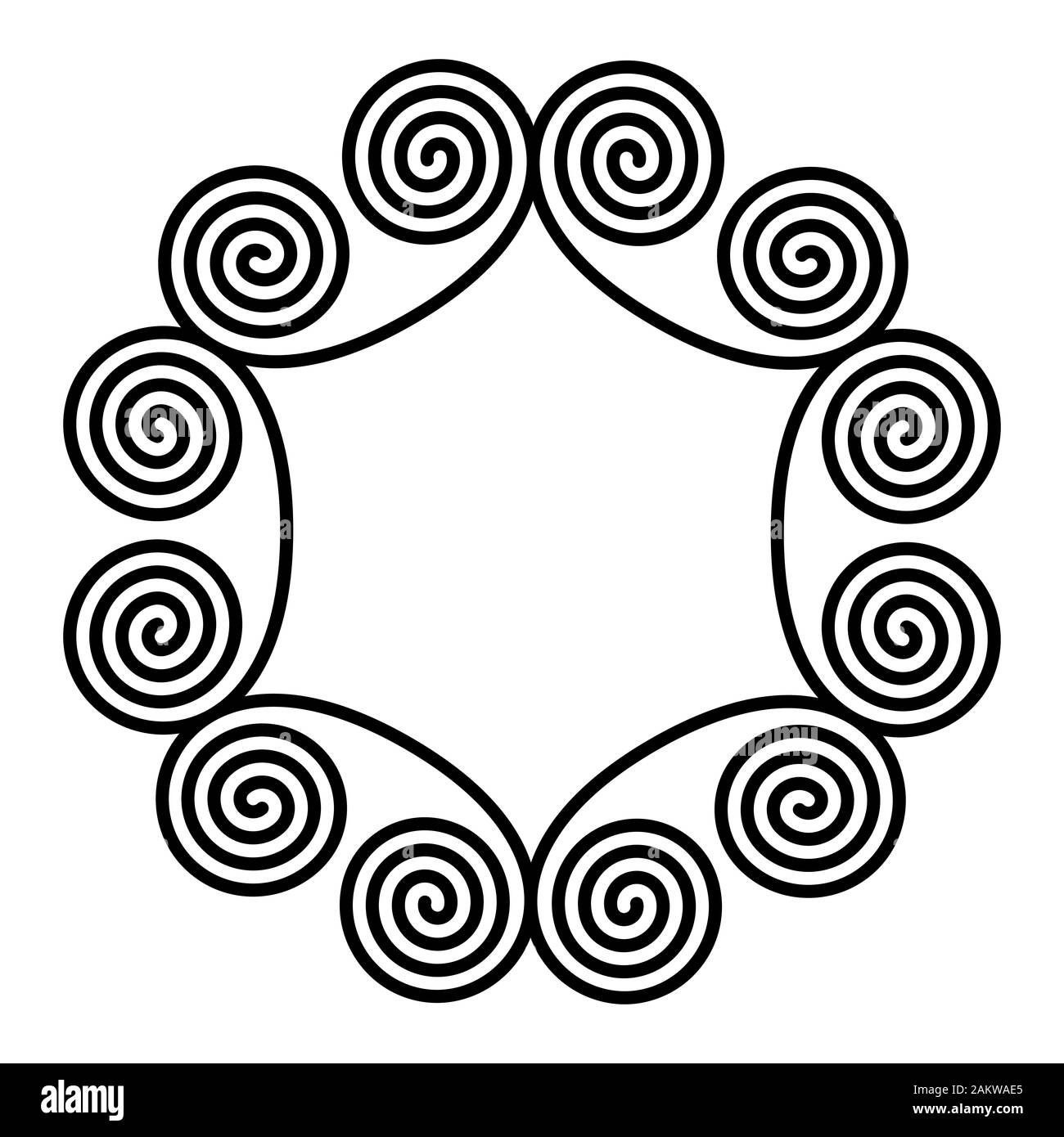 Kreis Rahmen aus doppelspirale Ornamente. Sechs linearen doppelte Spiralen bilden einen dekorativen Muster und Muster, die durch wiederholte Linien gebaut. Stockfoto