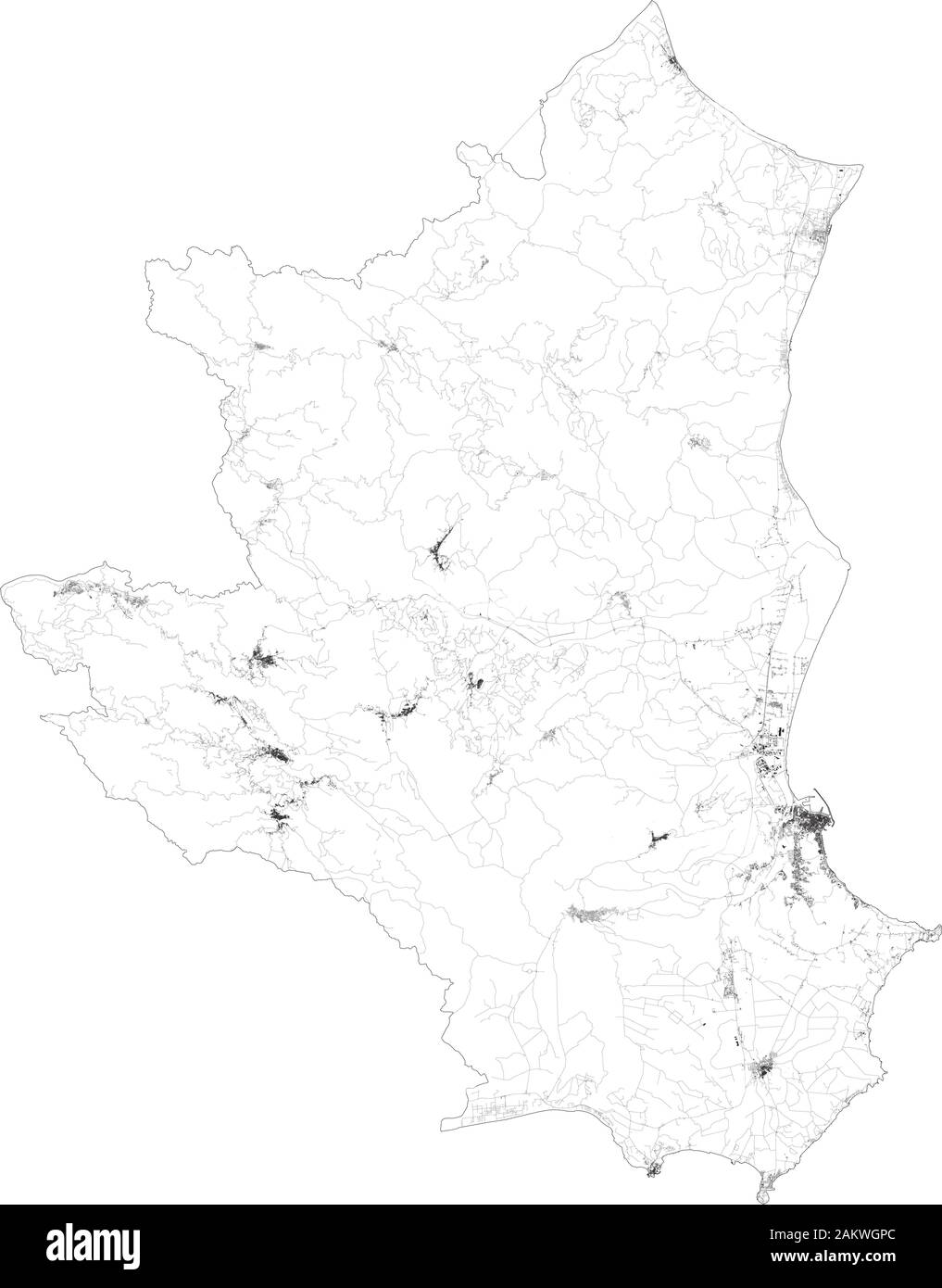 Sat-Karte der Provinz Crotone Städte und Straßen, Gebäude und Straßen der Umgebung. Region Kalabrien, Italien. Karte Straßen Stock Vektor