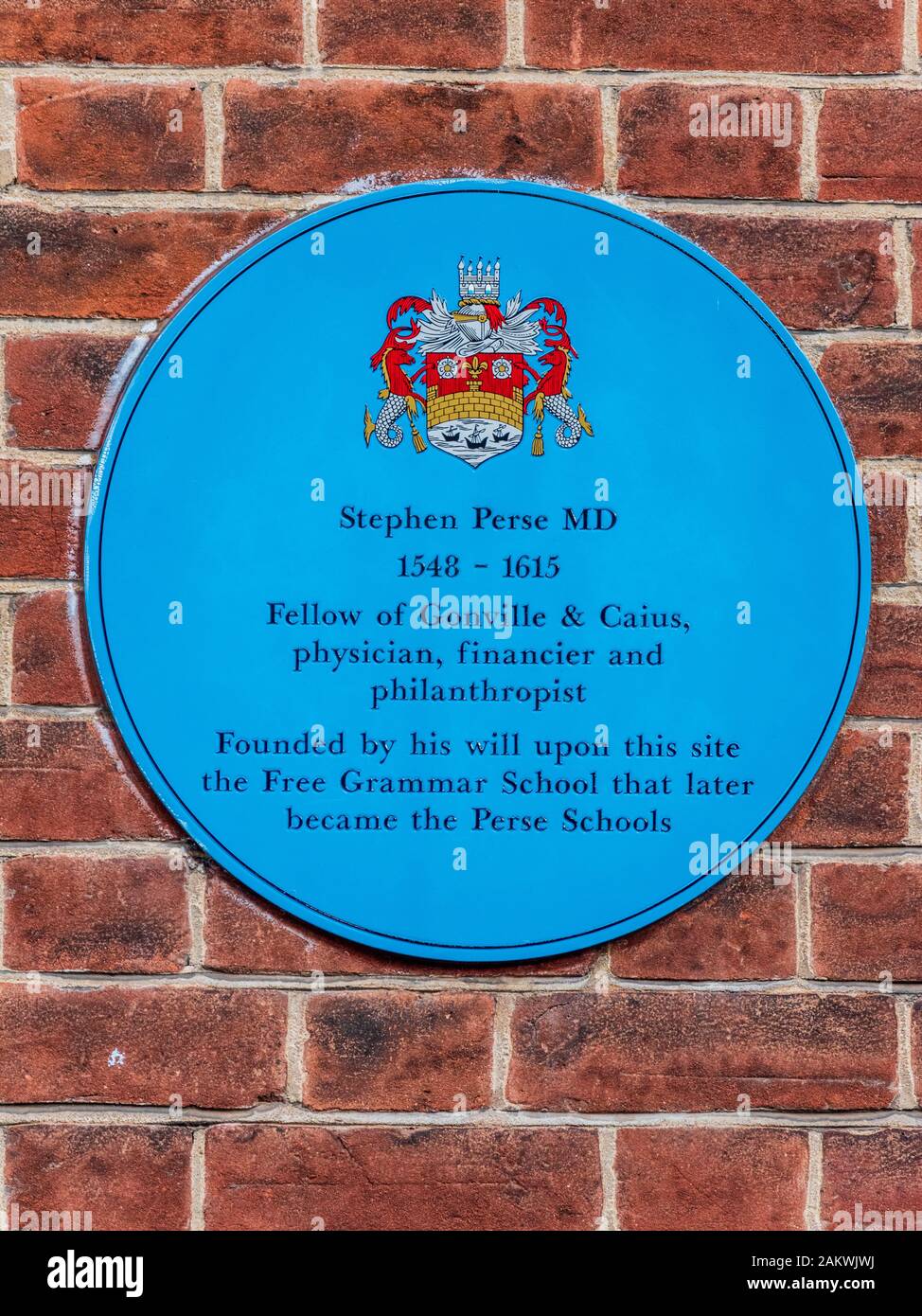 Stephen Perse MD Memorial Plaque Cambridge - Dr. Perse, 1548-1615, gründete die Free Grammar School in der Free School Lane, später die Perse Schools. Stockfoto