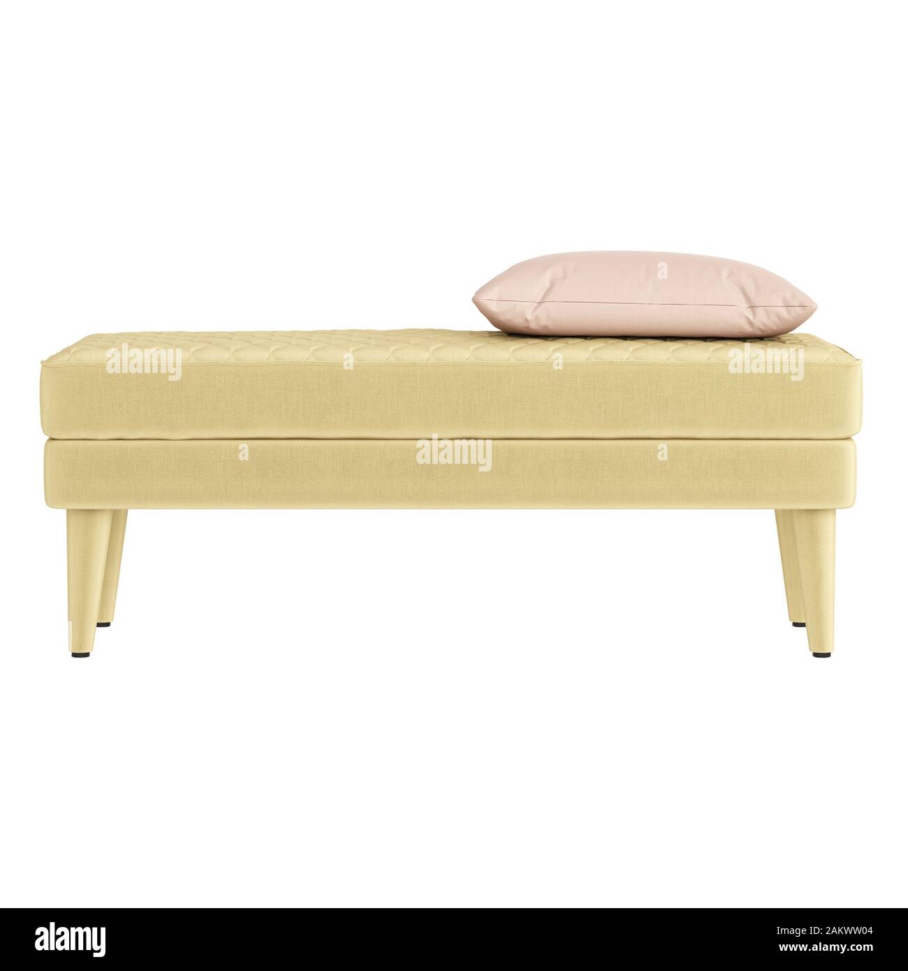 Beige Stoffbanquette mit pinkfarbenem Kissen auf weißem Hintergrund. 3D-Rendering Stockfoto
