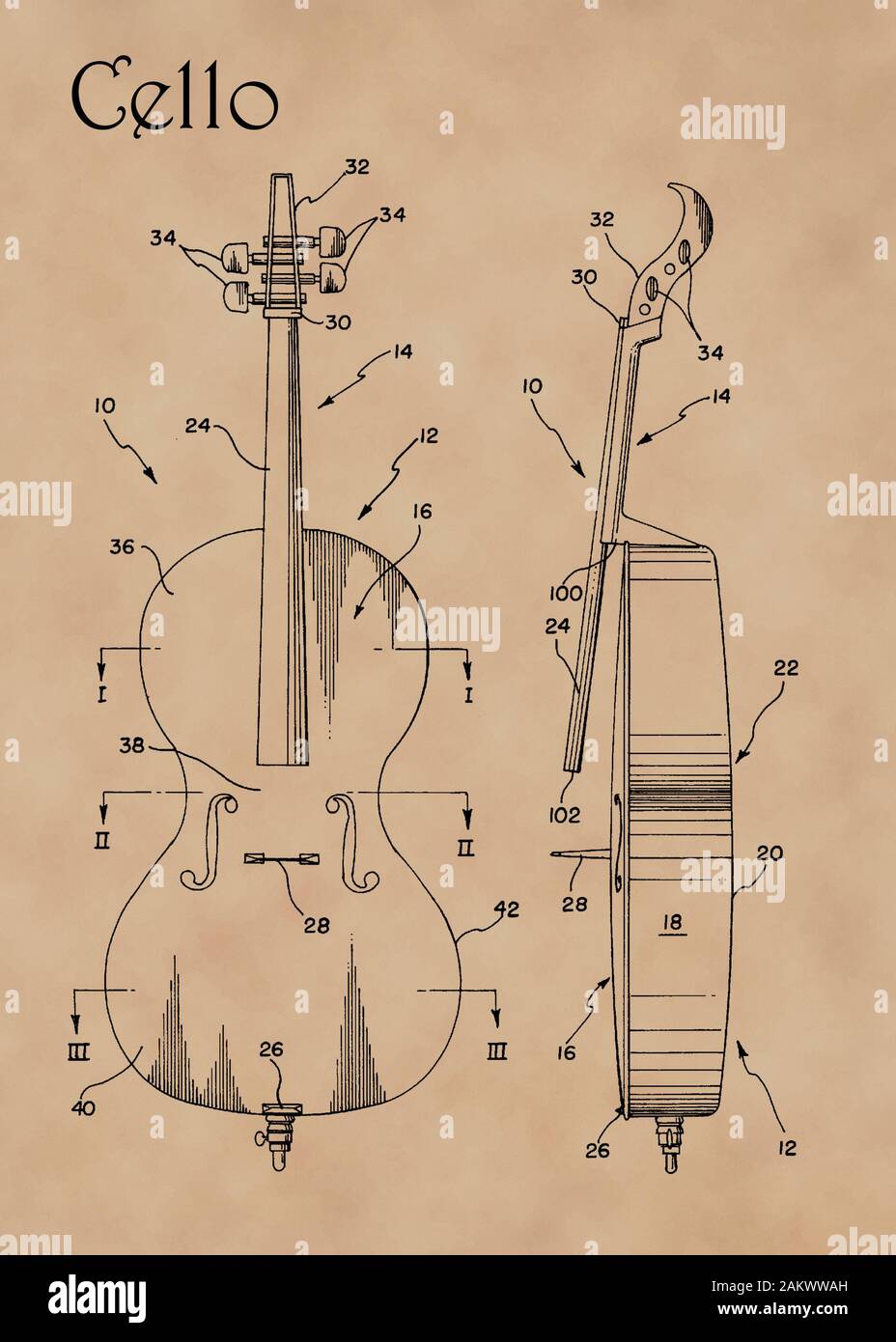 Us-Patent Diagramm für Cello Instrument auf verblasste Pergamentpapier. Stockfoto