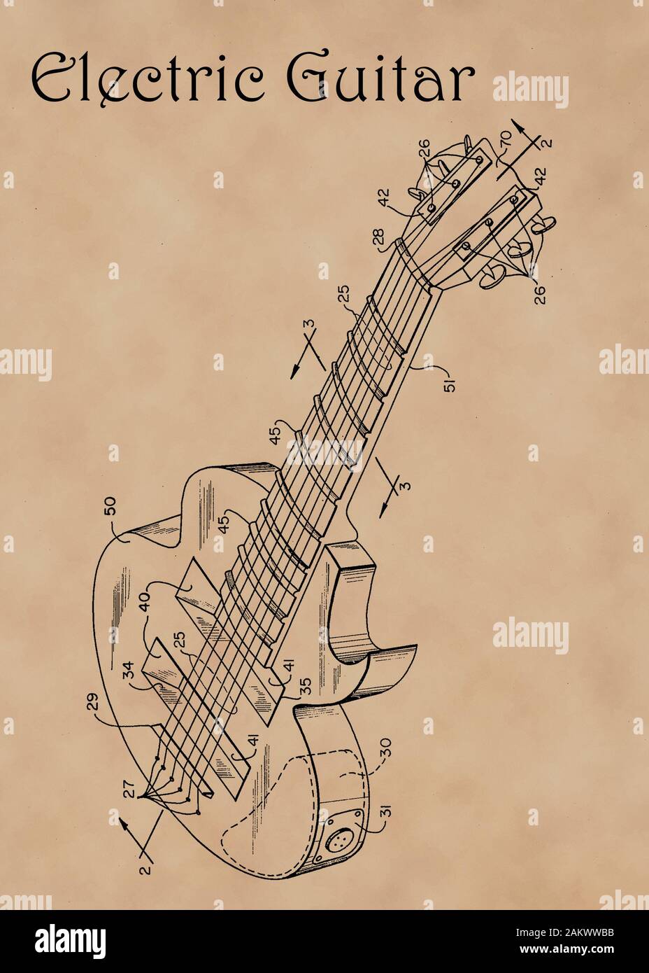Us-Patent Diagramm für e-gitarre Musical Instruments für die blasse Pergamentpapier. Stockfoto