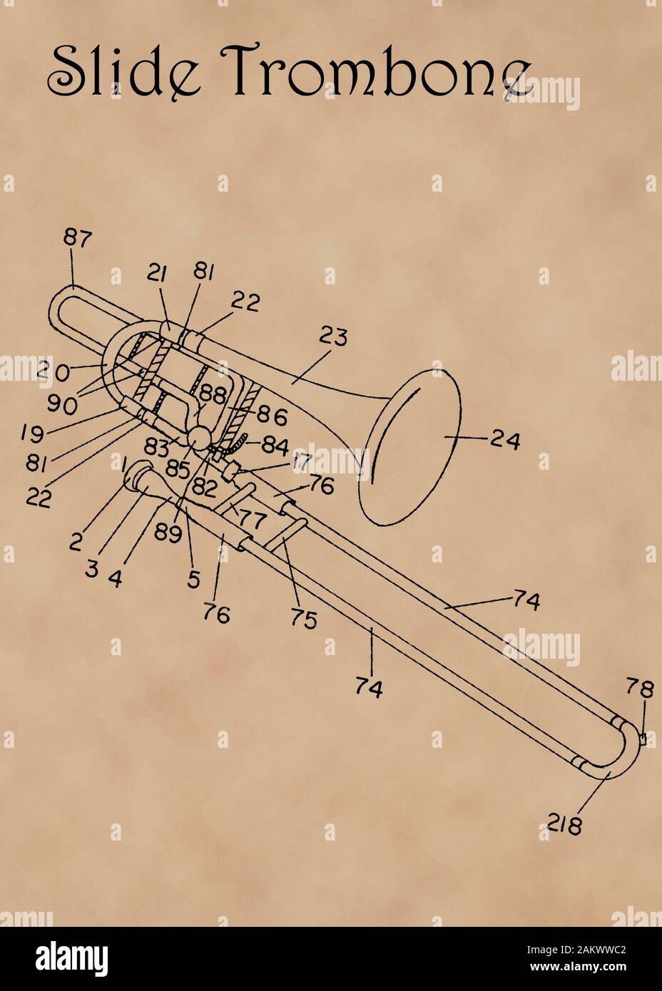 Us-Patent Diagramm für Folie Posaune Musikinstrument auf verblasste Pergamentpapier. Stockfoto