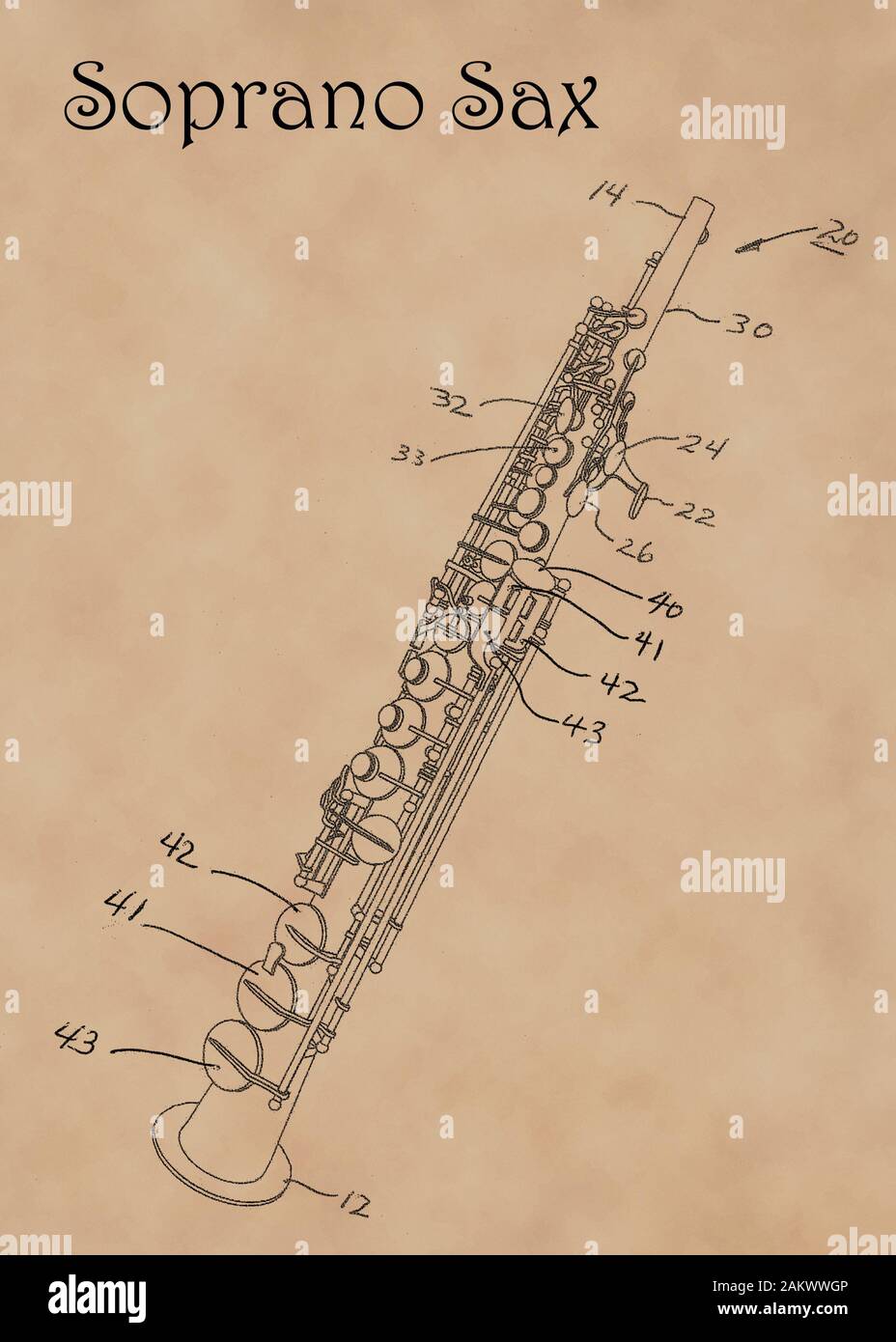 Us-Patent Diagramm für Sopran Saxophon Musikinstrument auf verblasste Pergamentpapier. Stockfoto