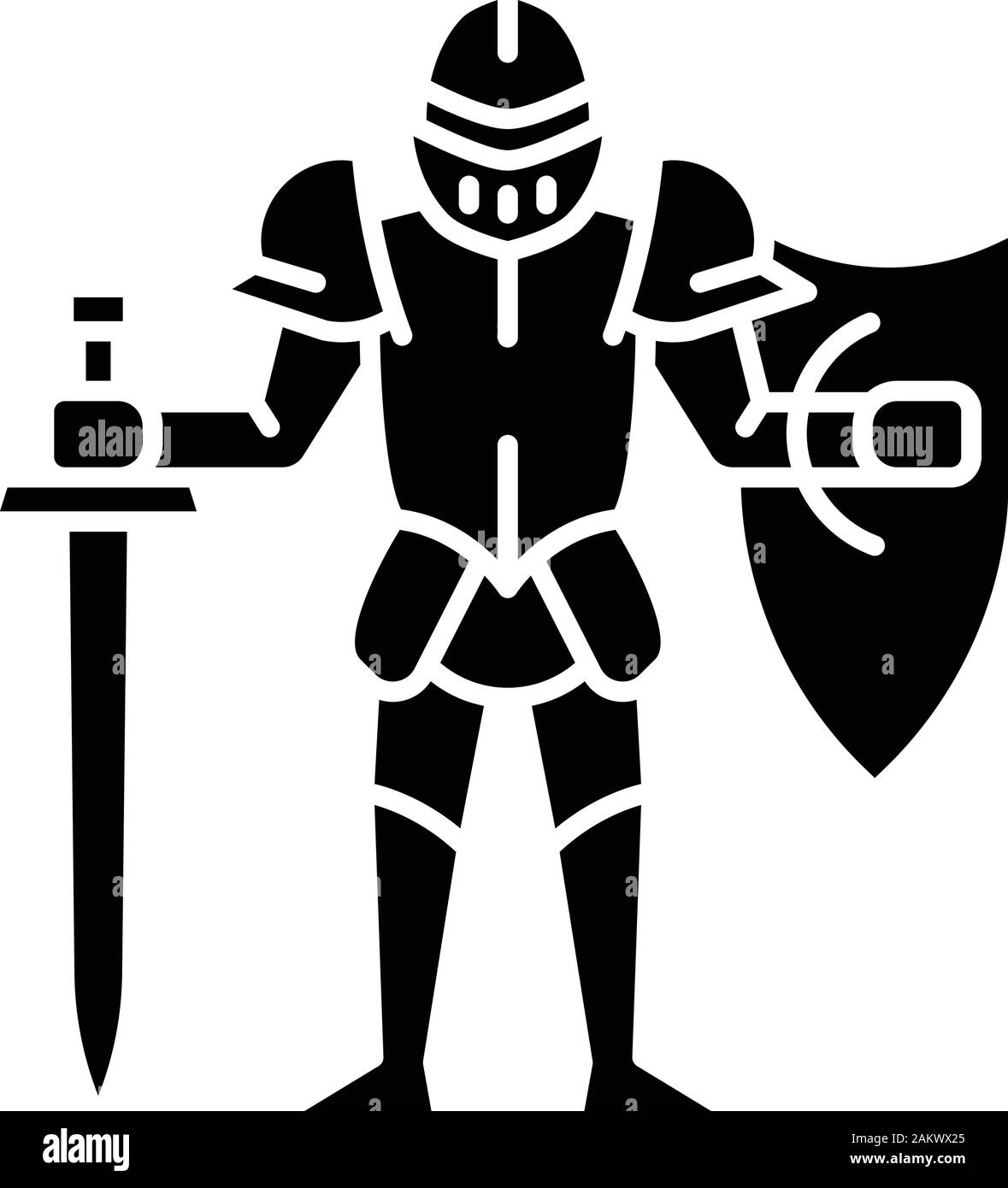 Mittelalterliche Ritter mit Schild und Schwert glyph Icon. Krieger in voller Rüstung. Das rittertum. Alte Platte Rüstung. Herr. Silhouette Symbol. Negative Stock Vektor