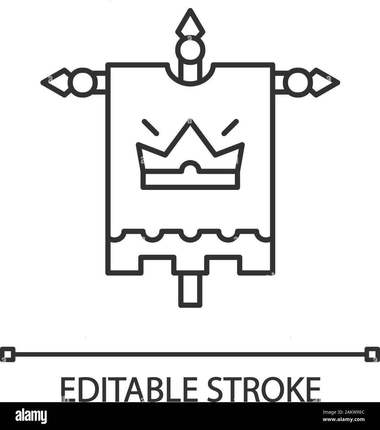 Mittelalterliche König Flagge lineare Symbol. Königlichen Wappen. Heraldische Banner mit Krone. Dünne Linie Abbildung. Kontur Symbol. Vektor isoliert Umrisse drawin Stock Vektor