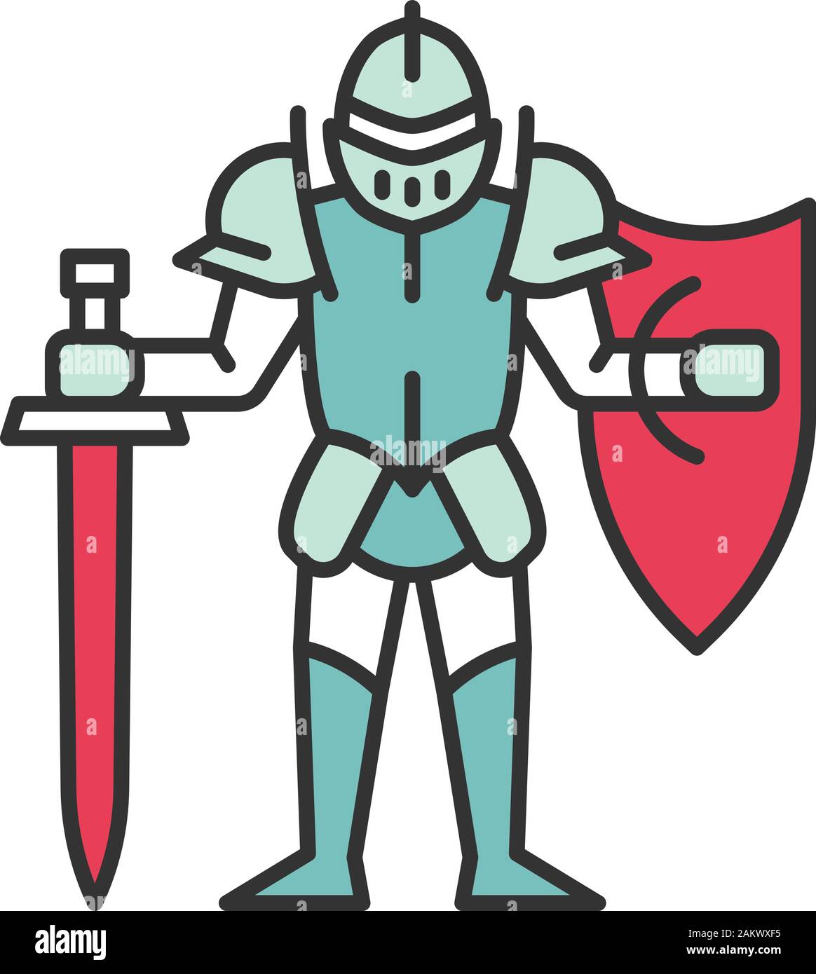 Mittelalterliche Ritter mit Schild und Schwert Farbe Symbol. Krieger in voller Rüstung. Das rittertum. Alte Platte Rüstung. Herr. Isolierte Vector Illustration Stock Vektor