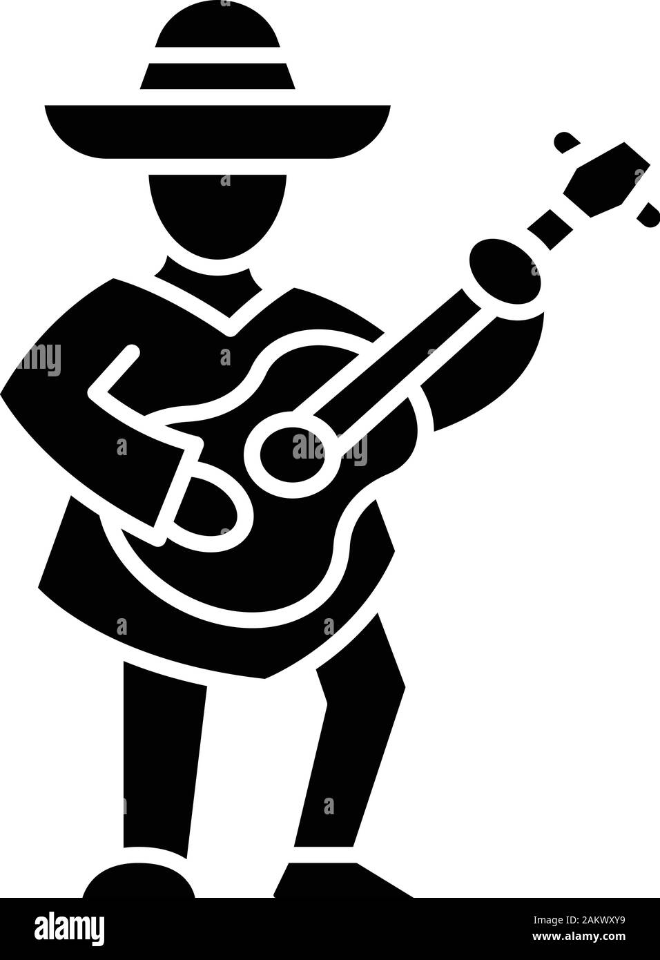 Mexikanische mit Gitarre glyph Icon. Latin Musiker. Gitarrist in Sombrero. Silhouette Symbol. Negativer Platz. Vektor isoliert Abbildung Stock Vektor