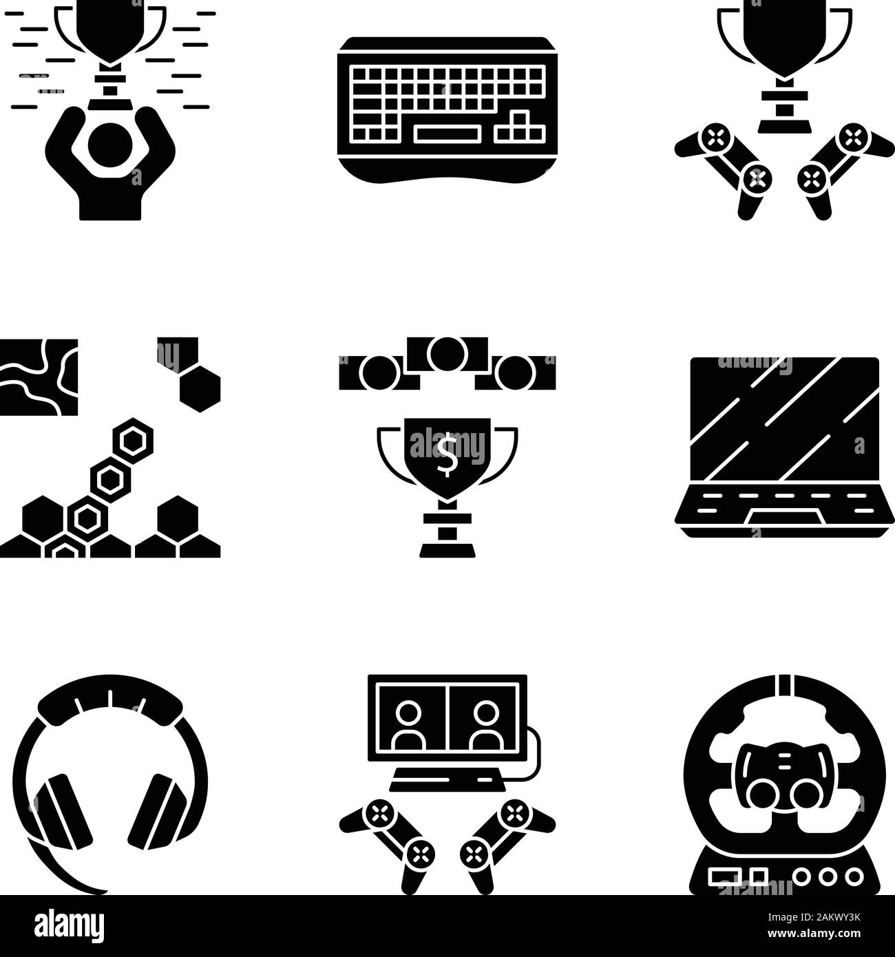 Esports Glyphe Symbole gesetzt. Gaming Gadgets und Zubehör. Sieger Cup. Strategie Spiel. Gamer Hardware. Silhouette Symbole. Vektor isoliert Abbildung Stock Vektor