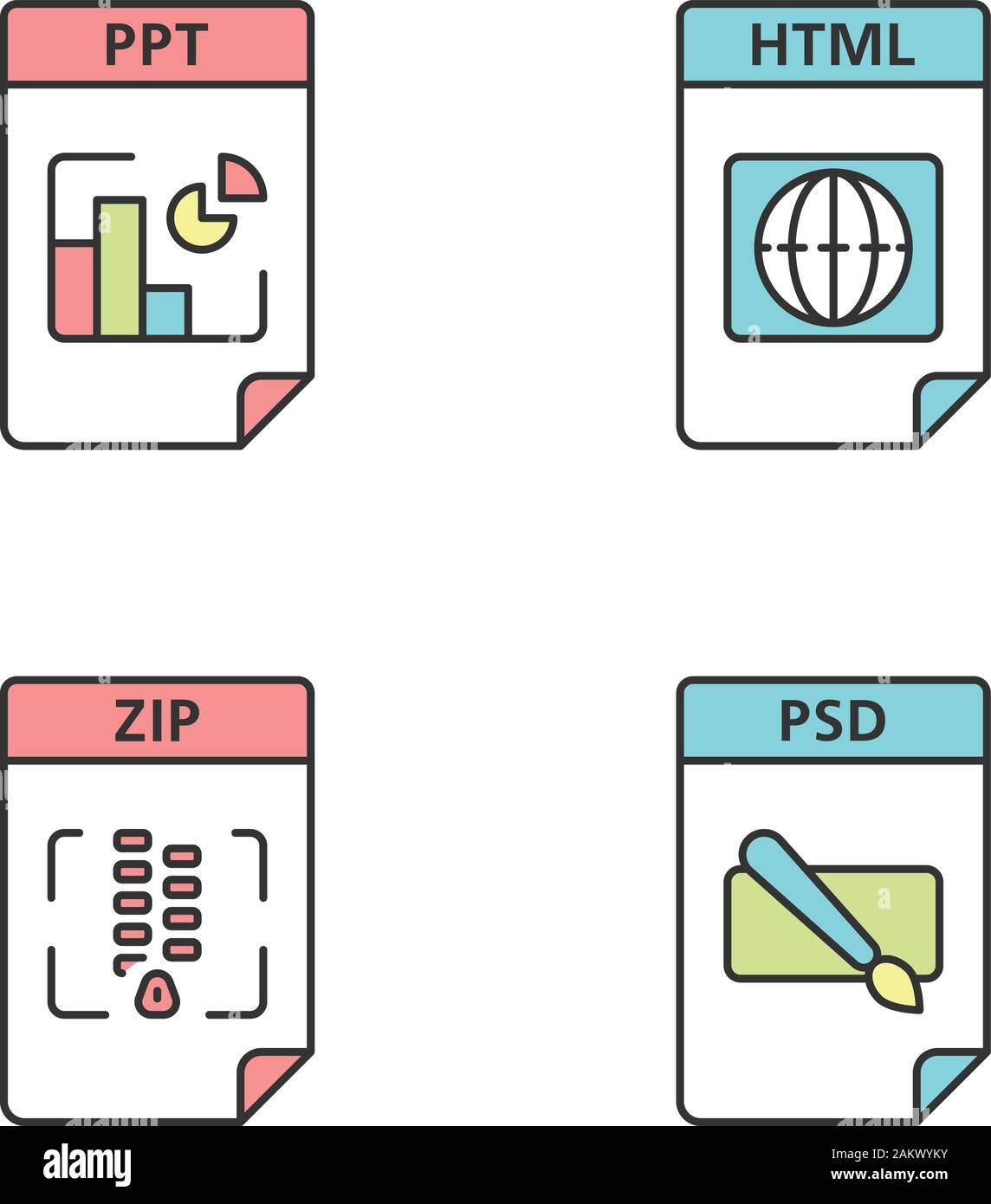 Dateien format Farbe Symbole gesetzt. Präsentation, Webseite, Archiv, Bild Dateien. PPT, HTML, ZIP, PSD. Isolierte Vektorgrafiken Stock Vektor