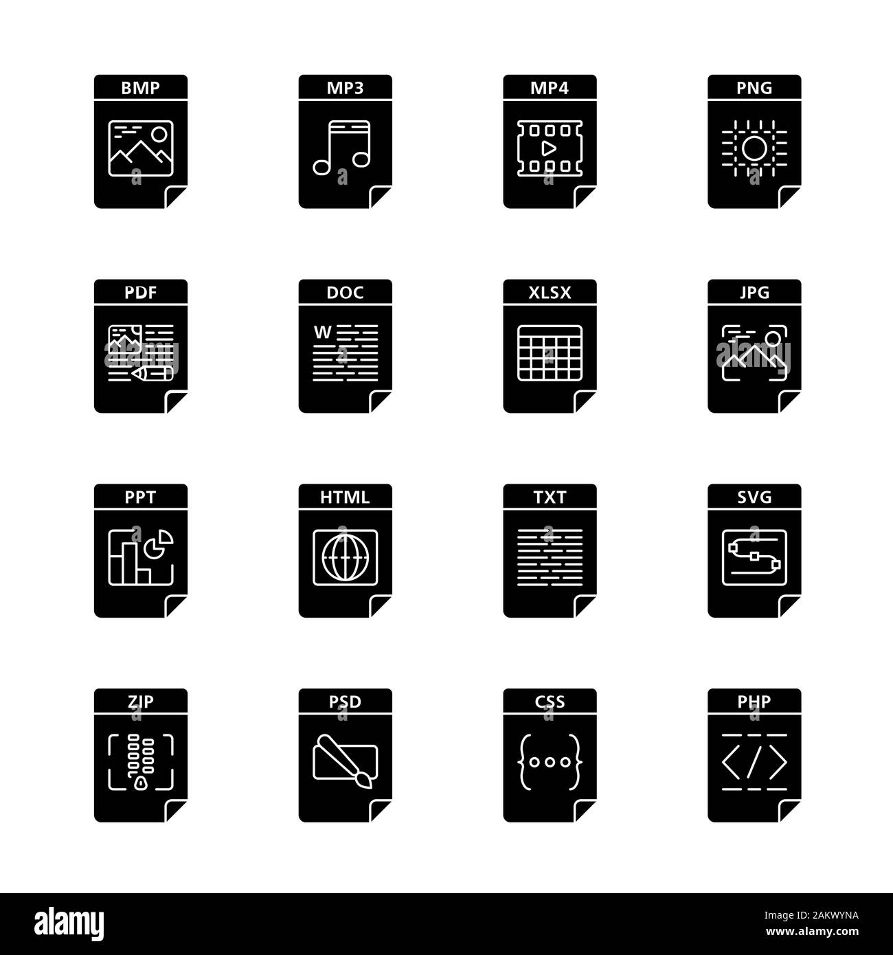 Dateien format Glyphe Symbole gesetzt. Multimedia-, Text-, Bild-, Web digitale Dateien. BMP, MP3, MP4, PNG, PDF, DOC, XLS, JPG, PPT, HTML, TXT, SVG, ZIP, PHP, CSS. Stock Vektor